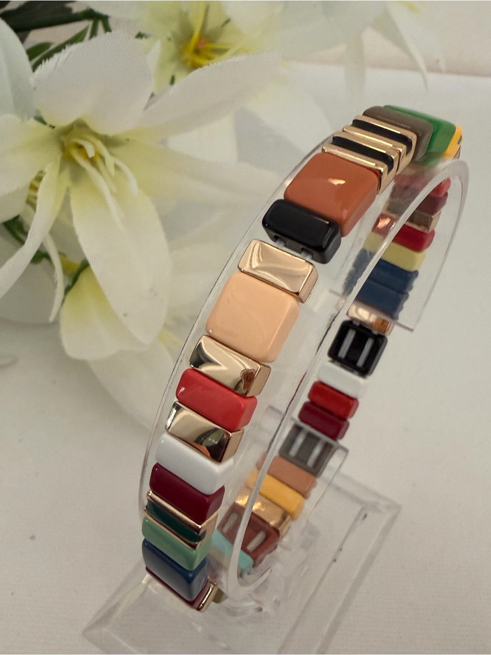 Roxanne Assoulin Multicolor Enamel Tile And Gold Stretch Bracelet